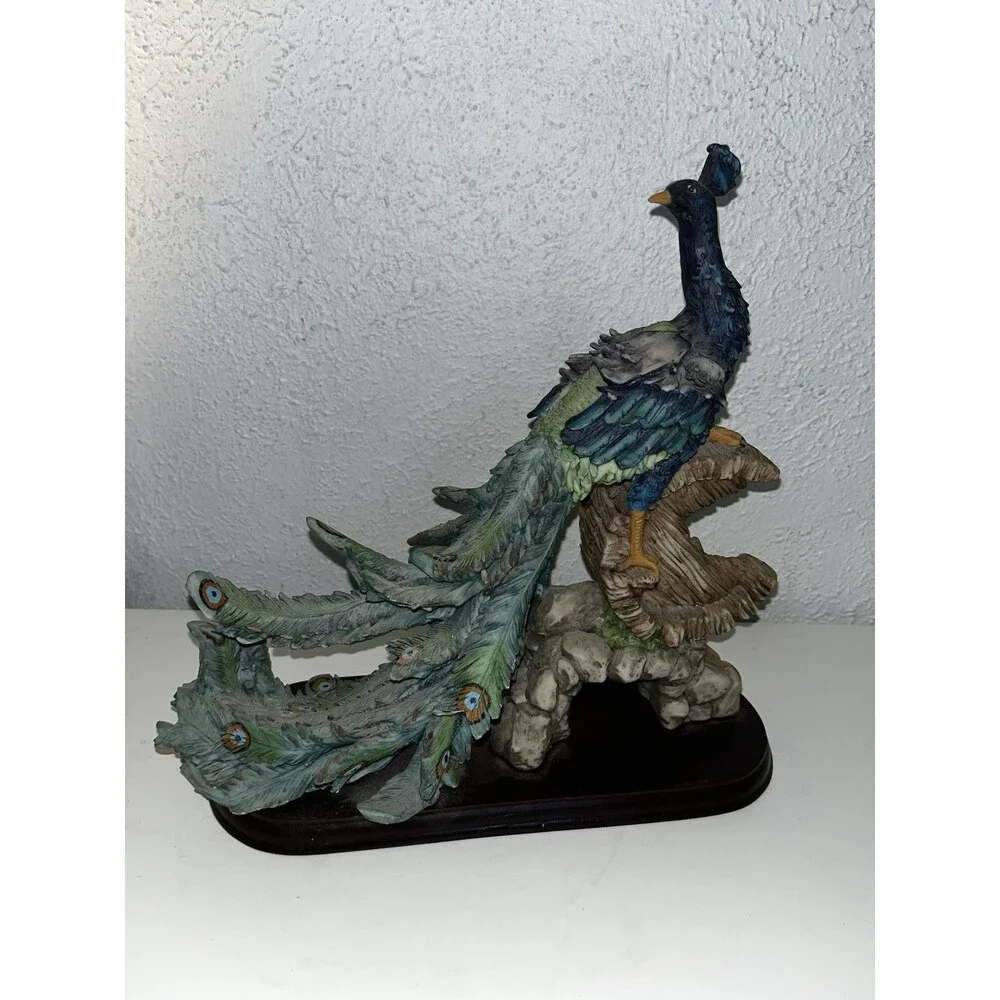 Vintage 'Gift of Time' Peacock Figurine on Wood Base
